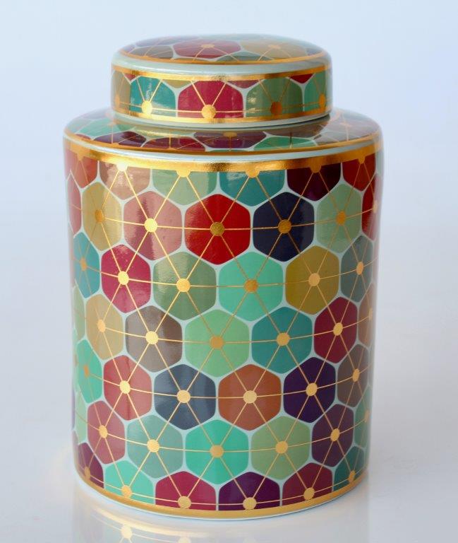 Multi Colour & Gold Geometric Jar With Lid